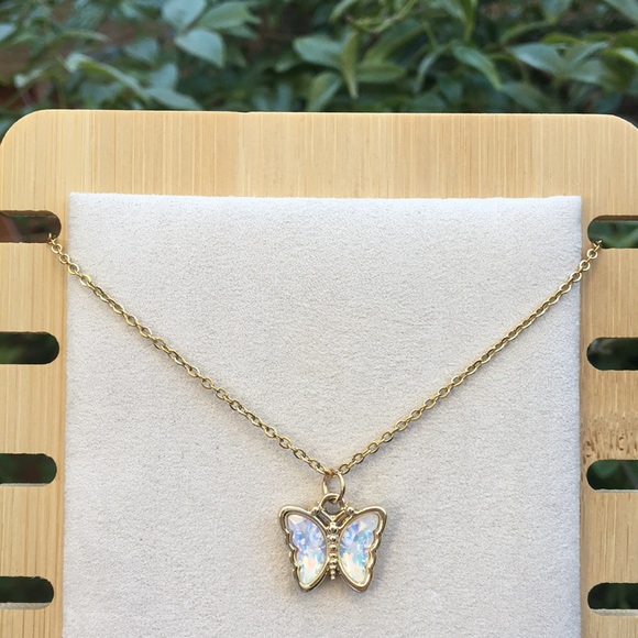 White Opal Aurora Borealis Crystal Butterfly Pendant Necklace - Picture 10 of 10